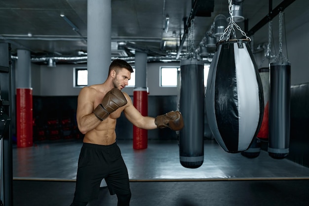 Young professional boxer training with punching bag