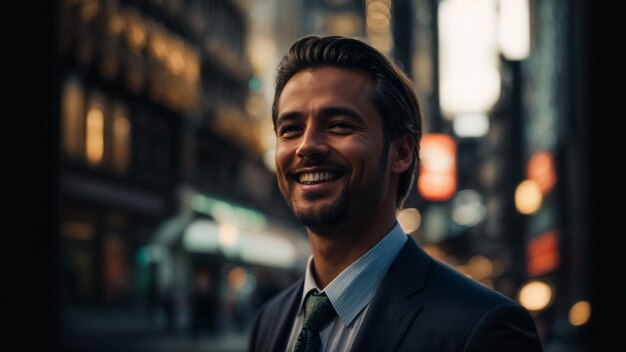 young professional businessman exploring the city smiling