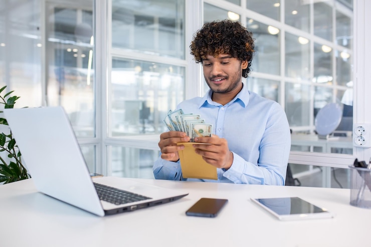 Photo young professional counting cash at modern office desk