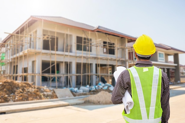 young professional engineer in protective helmet and blueprints paper at the house building construction site