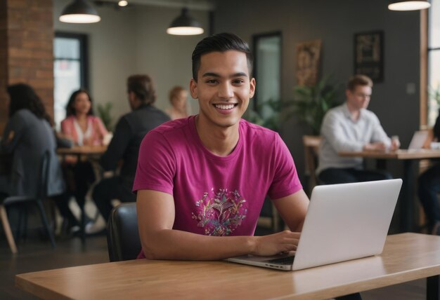 A young professional enjoys his work in a casual office setting his comfortable demeanor and easy