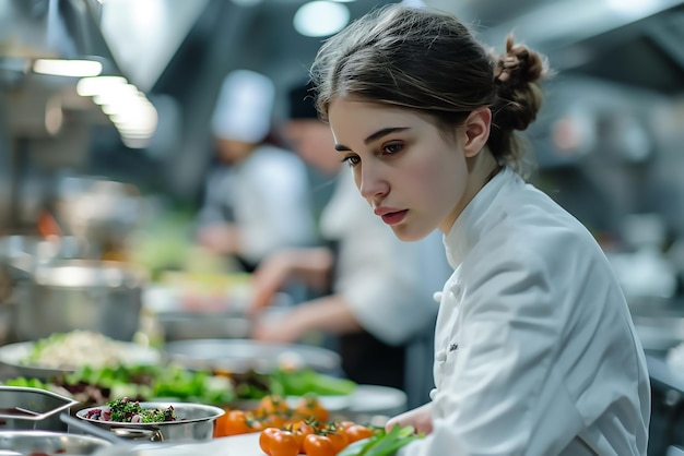 A young professional female chef working in the kitchen