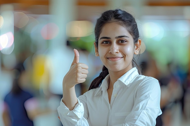 Young professional Indian woman smiling and giving a thumbs up gesture showing confidence and positivity in a busy environment