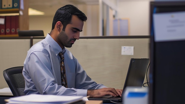 Photo a young professional is working late at the office he is wearing a blue shirt and tie and he is typing on his laptop