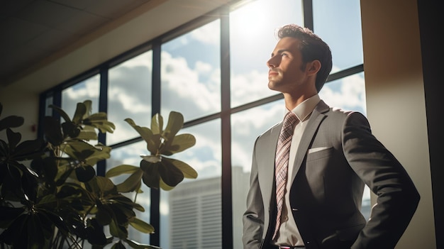 窓から外を見ているプロの若い男