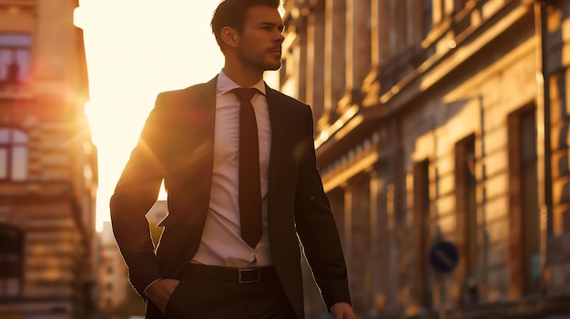 スーツを着たプロの若い男が自信を持って街を歩いています 彼は成功を遂げ,野心的です