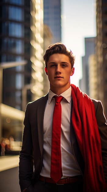 写真 都市環境でスーツとネクタイを着た若いプロの男性