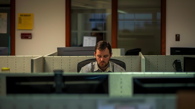 A young professional sits in a cubicle working late on a project He is wearing a casual shirt and has a beard He is looking at his computer screen