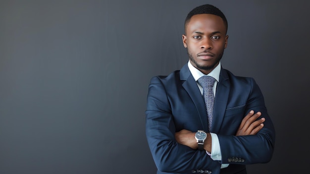 A young professional wearing a suit and tie with arms crossed