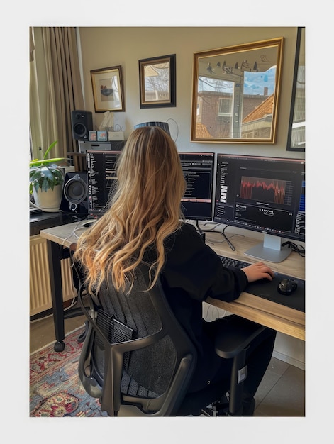 Foto giovane donna professionista che monta filmati su doppio monitor in un ambiente di home office con
