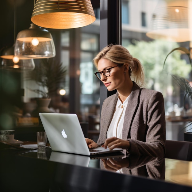 Young professional woman making a presentation on a large screen with ample bottom copyspace