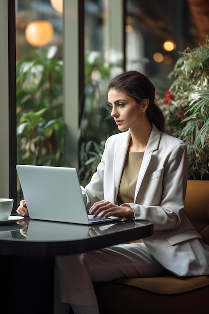 Young professional woman making a presentation on a large screen with ample bottom copyspace