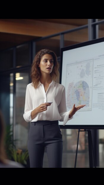 Young professional woman making a presentation on a large screen with ample bottom copyspace