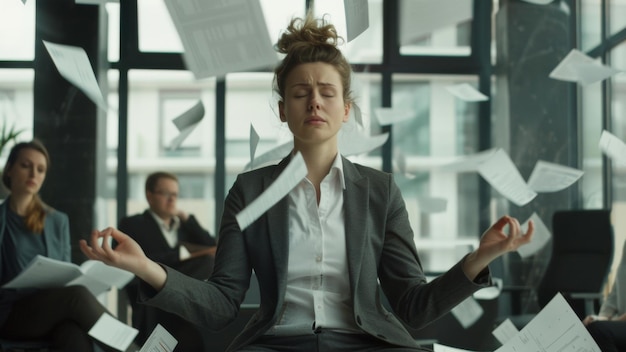 A young professional woman meditates amid a storm of swirling papers in a busy office