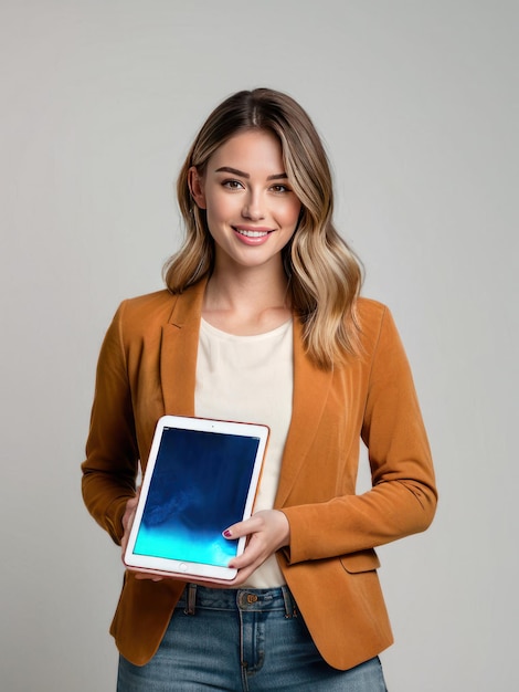 Photo young professional woman presenting a tablet with a blank screen isolated on a grey background