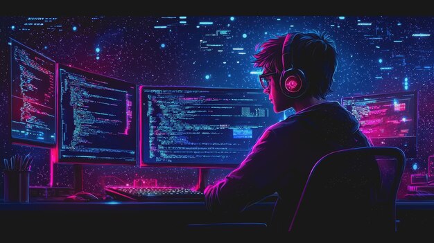 young programmer immersed in coding environment with neon lights and multiple monitors displaying lines of programming language in a futuristic setting