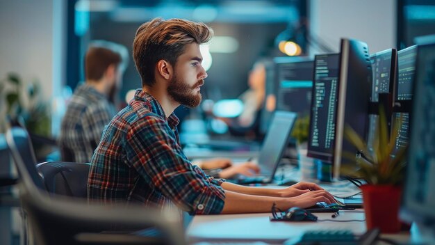 Young programmer is programming at the office programmer at the work ...
