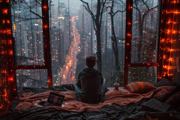 Foto un giovane programmatore guarda fuori dalla finestra e codifica in una serata in città a casa con un caffè portatile