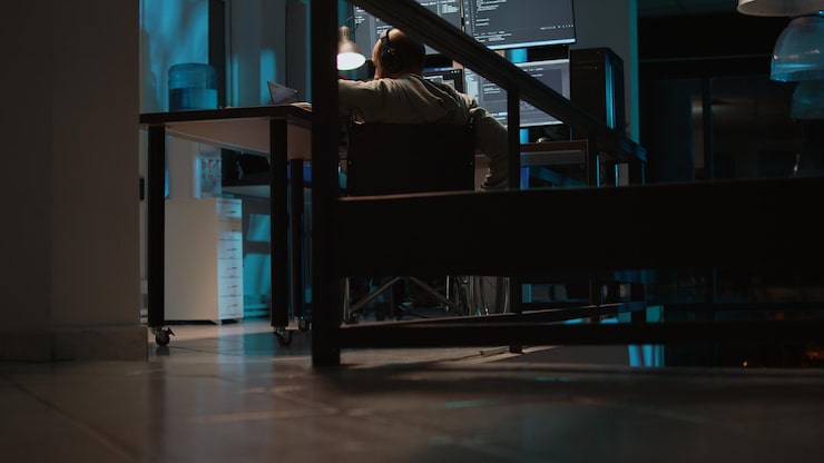 Фотография молодой программист с инвалидностью печатает исходный код в окне терминала, отображаемом на нескольких экранах. it-кодировщик, пользователь инвалидной коляски, программирует новый пользовательский интерфейс в офисе поздно ночью. съемка со штатива.