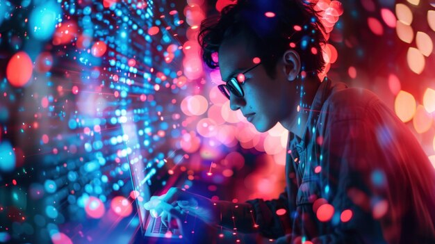 Young Programmer with Laptop in Vibrant Neon Lights A young programmer is deeply focused on his laptop screen surrounded by a cascade of vibrant neon bokeh lights creating an atmosphere of innovation