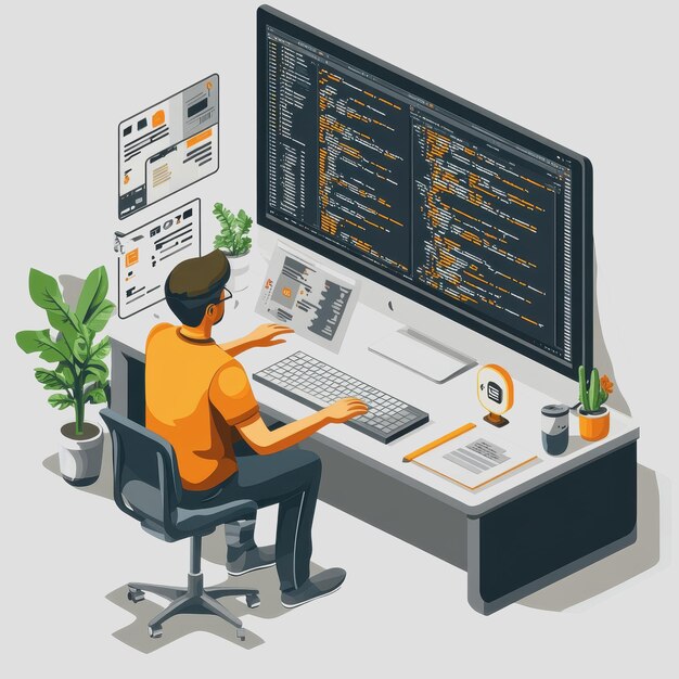 young programmer working on computer in modern office with multiple screens showing coding and data visualizations creative workspace design