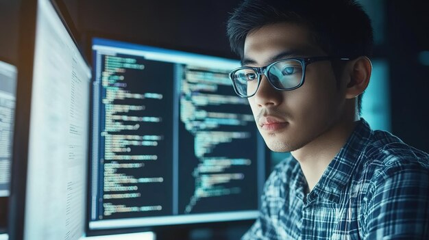 年輕的程序員在一個桌子上深夜在一個編碼項目上工作,