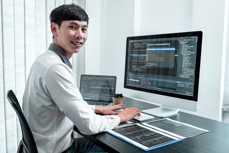 Photo 年輕程序員在it辦公室工作,在軟件 javascript電腦中工作,撰寫代碼和數據代碼網站,並編碼數據庫技術以尋找問題的解決方案.