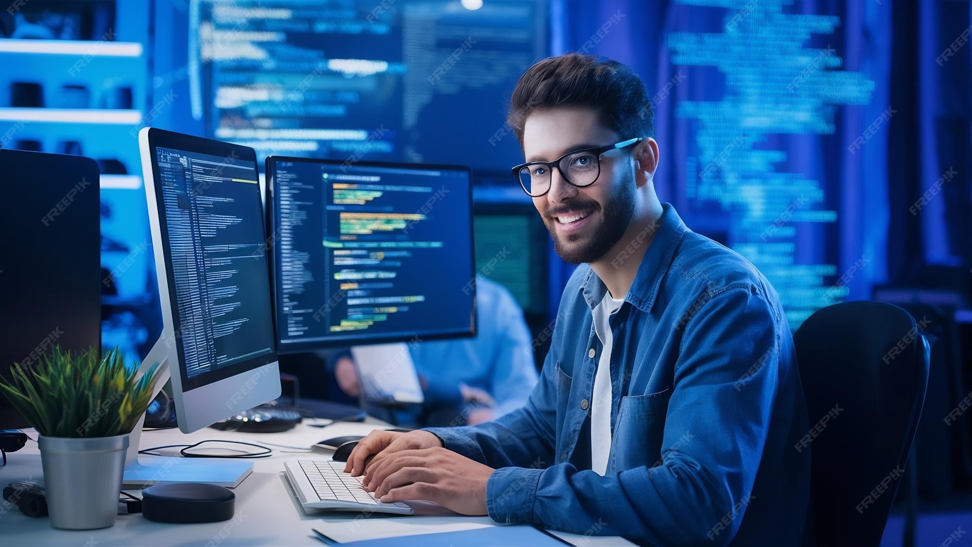 Premium Photo | Young programmer working in software javascript ...
