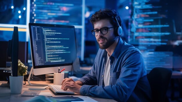 젊은 프로그래머가 소프트웨어에서 일하고 자바스크립트 컴퓨터에서 사무실에서 코드와 데이터 코드를 작성합니다.