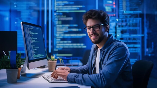 young programmer working in software javascript computer in it office writing codes and data code