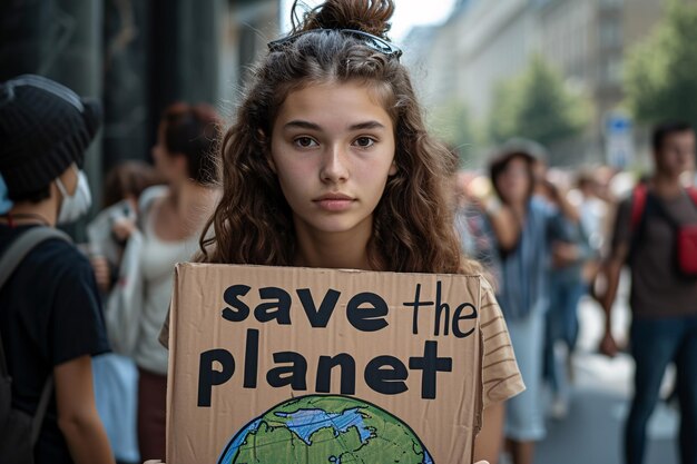 도시 시위에서 Save the planet 사인을 들고 있는 젊은 시위자