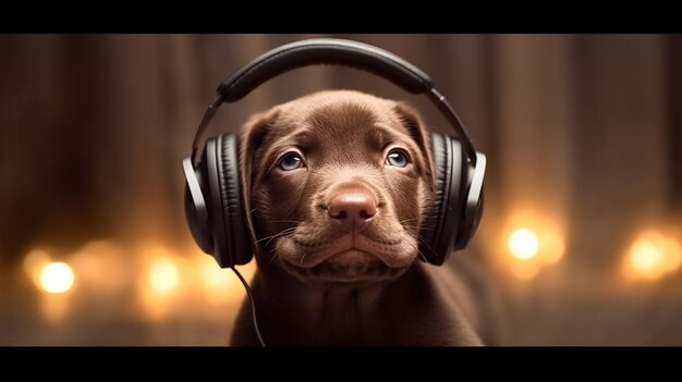 Young puppy listening to music on a head set