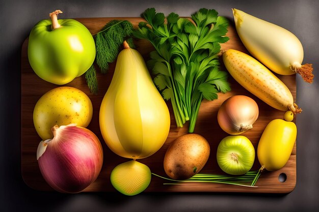 Young raw unpeeled potato onion and bunches parsley on wooden dark background