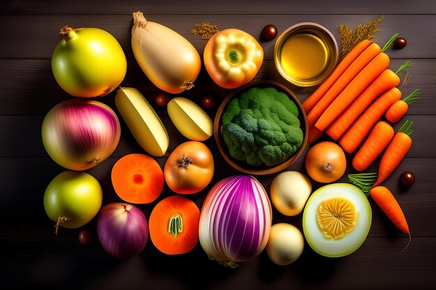 Young raw unpeeled potatoes onions and carrots on dark wooden background Mixed vegetables