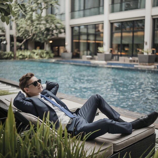 Photo young reach sucessful businessman relaxing near big luxury swimming pool