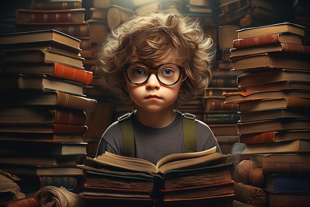 Young Reader with Glasses and Pile of Books Generative ai