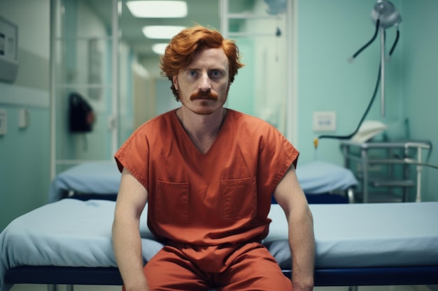 Photo young red hair european man in a hospital room at hospital in support of men's health movember team