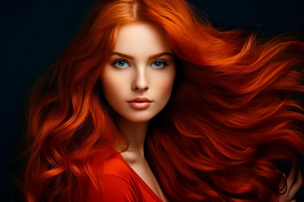 Young red haired woman with gorgeous voluminous long hair dense hairstyle hair dye hairstyle