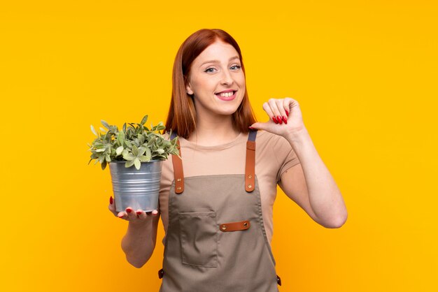 孤立した黄色の誇りと自己満足の上に植物を置く若い赤毛庭師女性