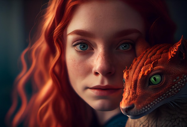 Young redhead girl with dragon on her shoulder