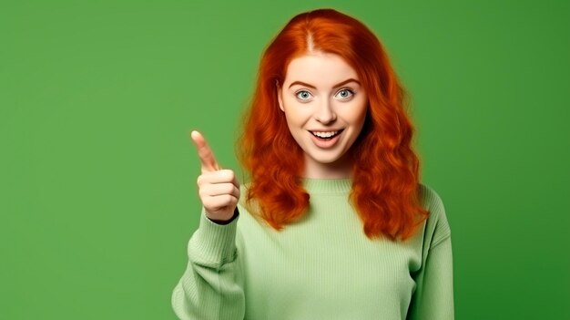 young redhead woman pointing finger on the green background