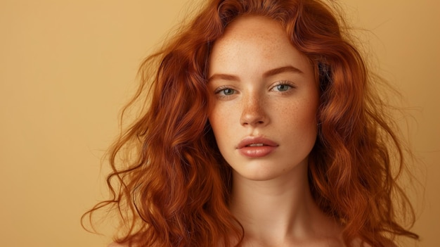 Young redhead woman posing isolated over beige wall background Vibrant hair frames her face as she stands with poise creating a captivating and eyecatching portrait