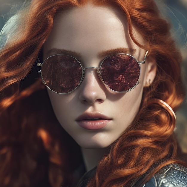 young redhead woman wearing mirrored glasses fair skin and sunlight