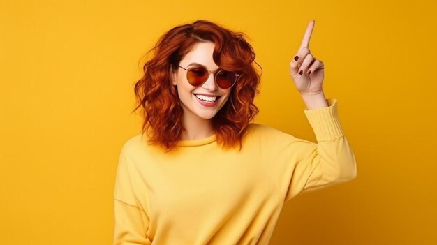 Young redhead woman wearing sunglasses very happy pointing with hand and finger