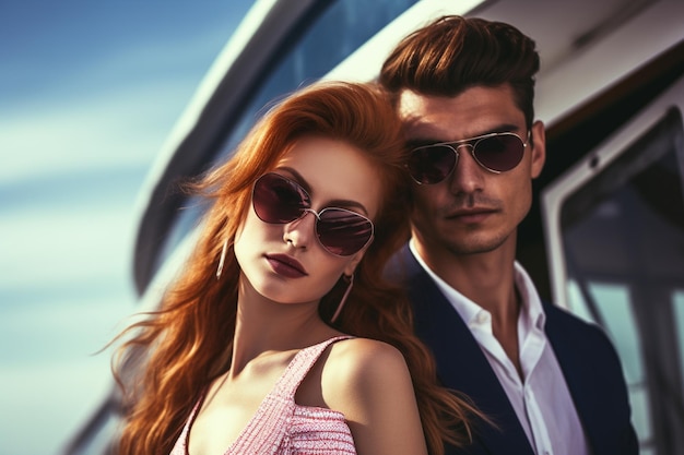 Young redhead woman with her boyfriend on a luxury yacht