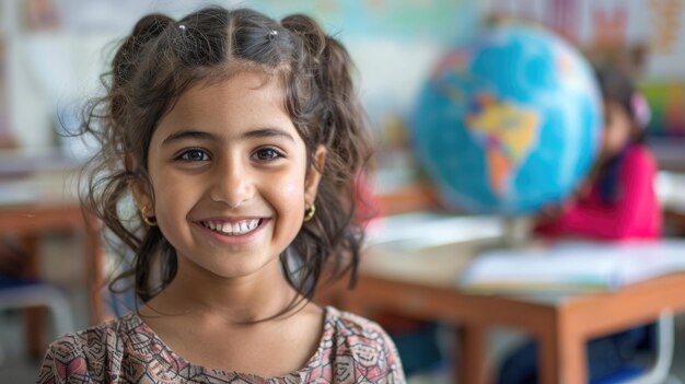 Young refugee girl smiles in a classroom globe in back symbolizing hope for the future World Refugee Day