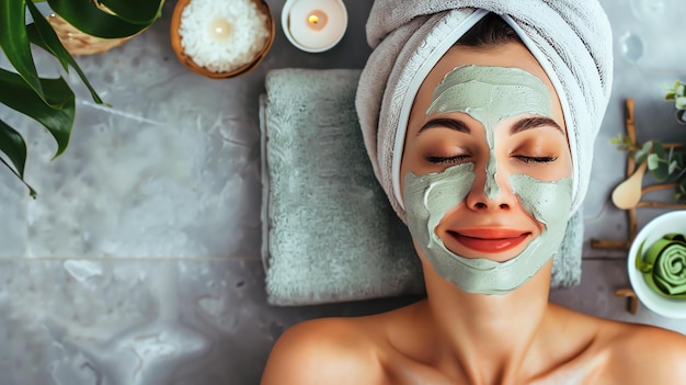 Photo young relaxed woman with a green clay facial mask on her face lying on a spa bed with a towel on her head and closed eyes