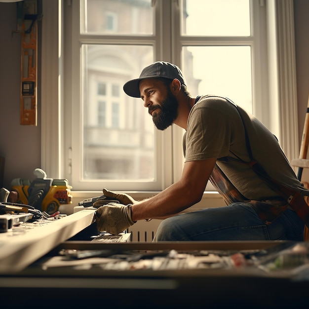 Photo young repairman fixing window frame