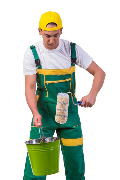 Young repairman painter with roller isolated on white