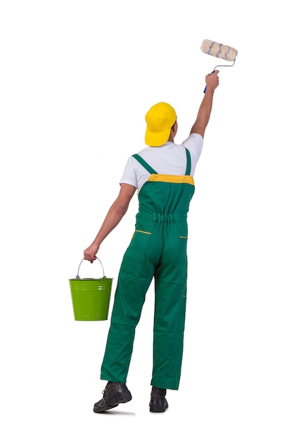 Young repairman painter with roller isolated on white